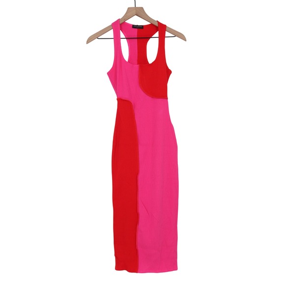 naked wardrobe Dresses & Skirts - Naked Wardrobe Pink Red Ribbed Colorblock Racerback Midi Dress NW-D2400 Mens S